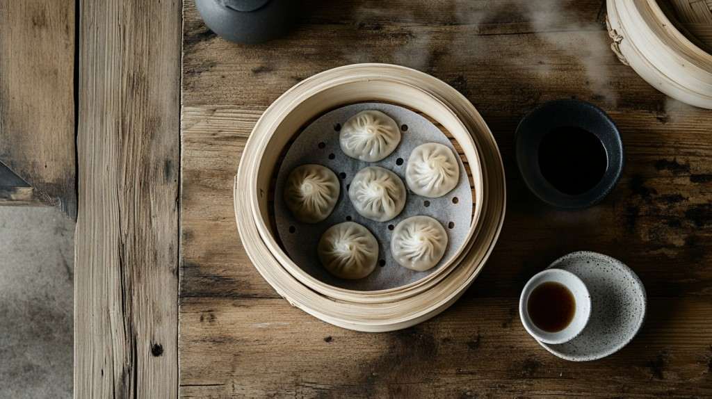 Bamboo steamer with vegan soup dumplings and dipping sauces