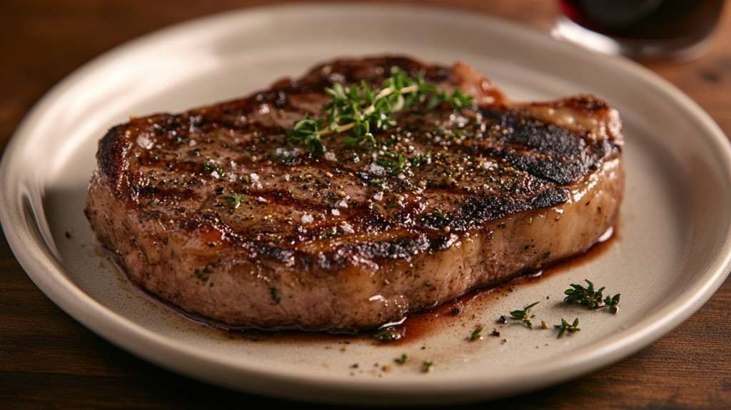 A perfectly cooked spinalis steak garnished with herbs on a wooden table.