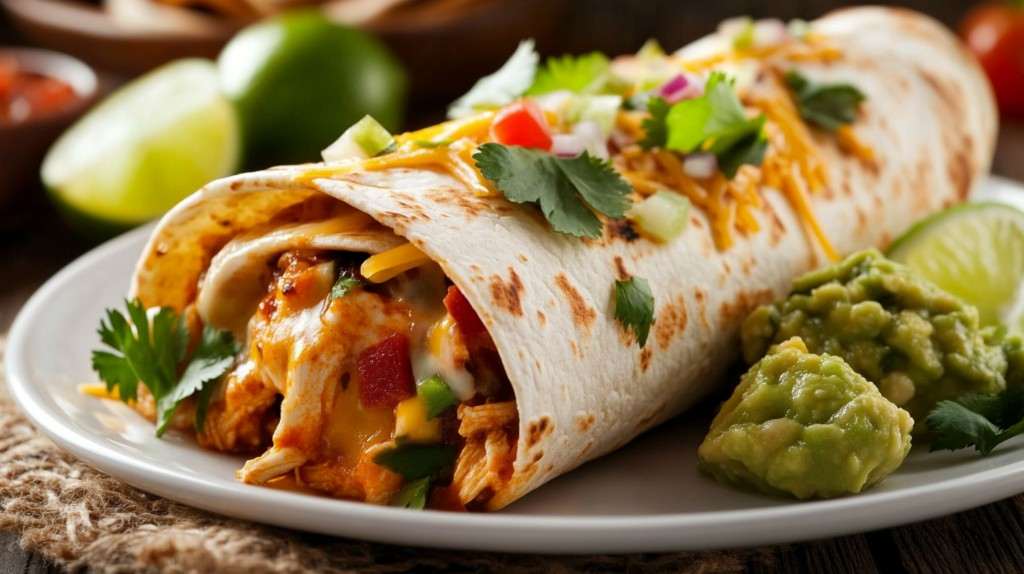 A chicken enchilada burrito topped with cheese, enchilada sauce, and garnished with cilantro.