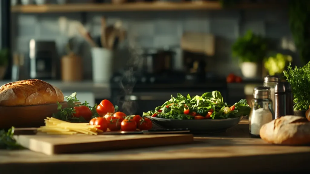 A cozy kitchen counter with fresh ingredients, a cutting board, and a steaming dish, symbolizing the joy of cooking