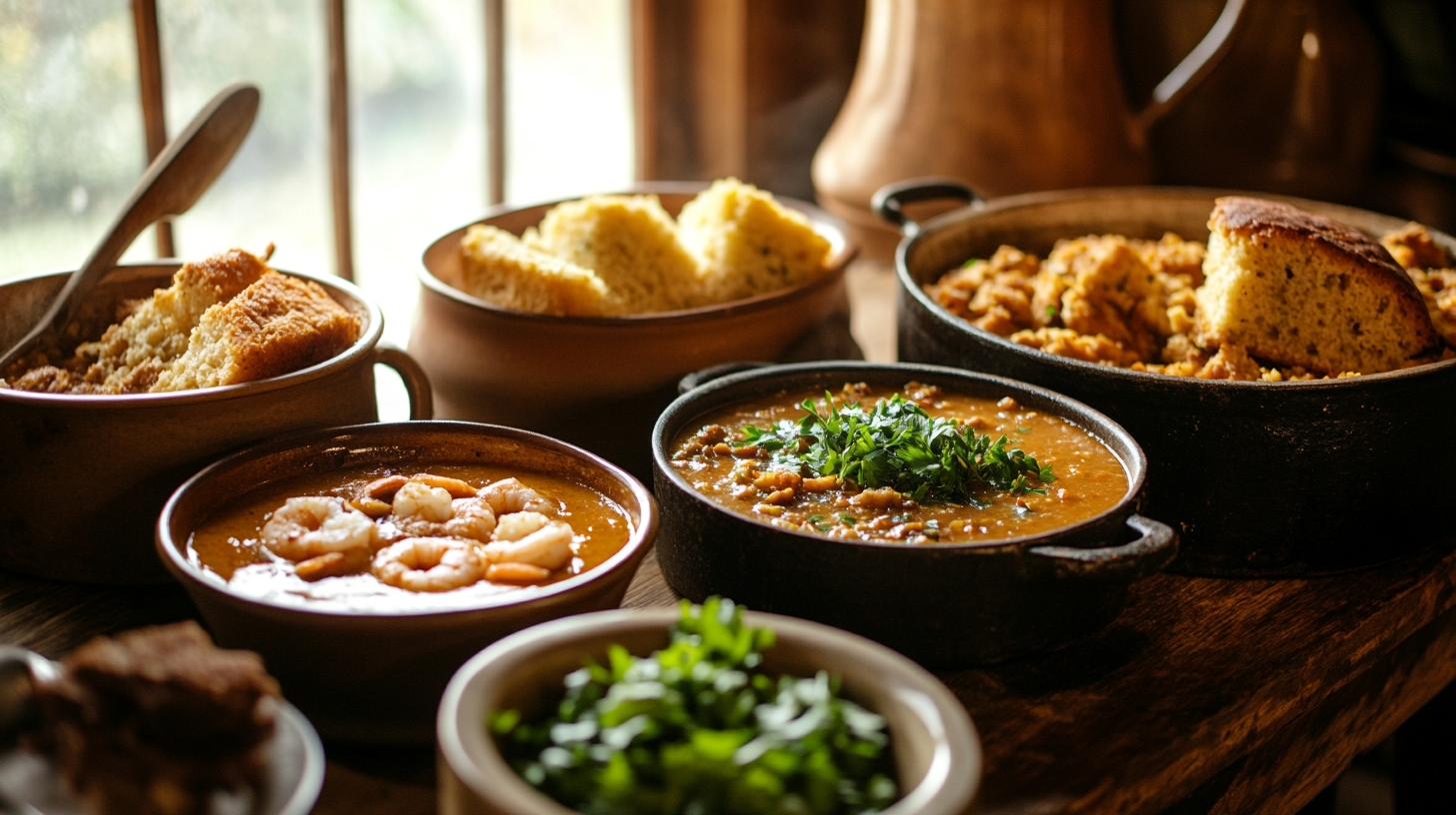 A variety of Southern soups displayed on a rustic table with cornbread and garnishes.