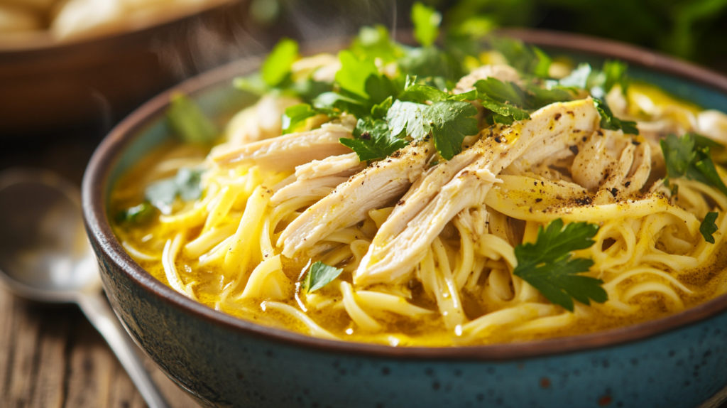 A bowl of turmeric chicken noodle soup with golden broth, noodles, and herbs.
