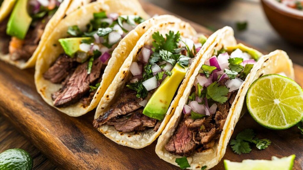 Chuck roast tacos topped with avocado, pickled onions, and cilantro.