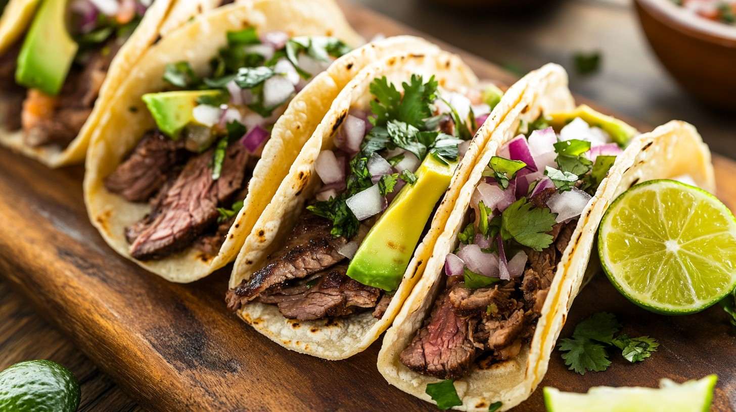 Chuck roast tacos topped with avocado, pickled onions, and cilantro.