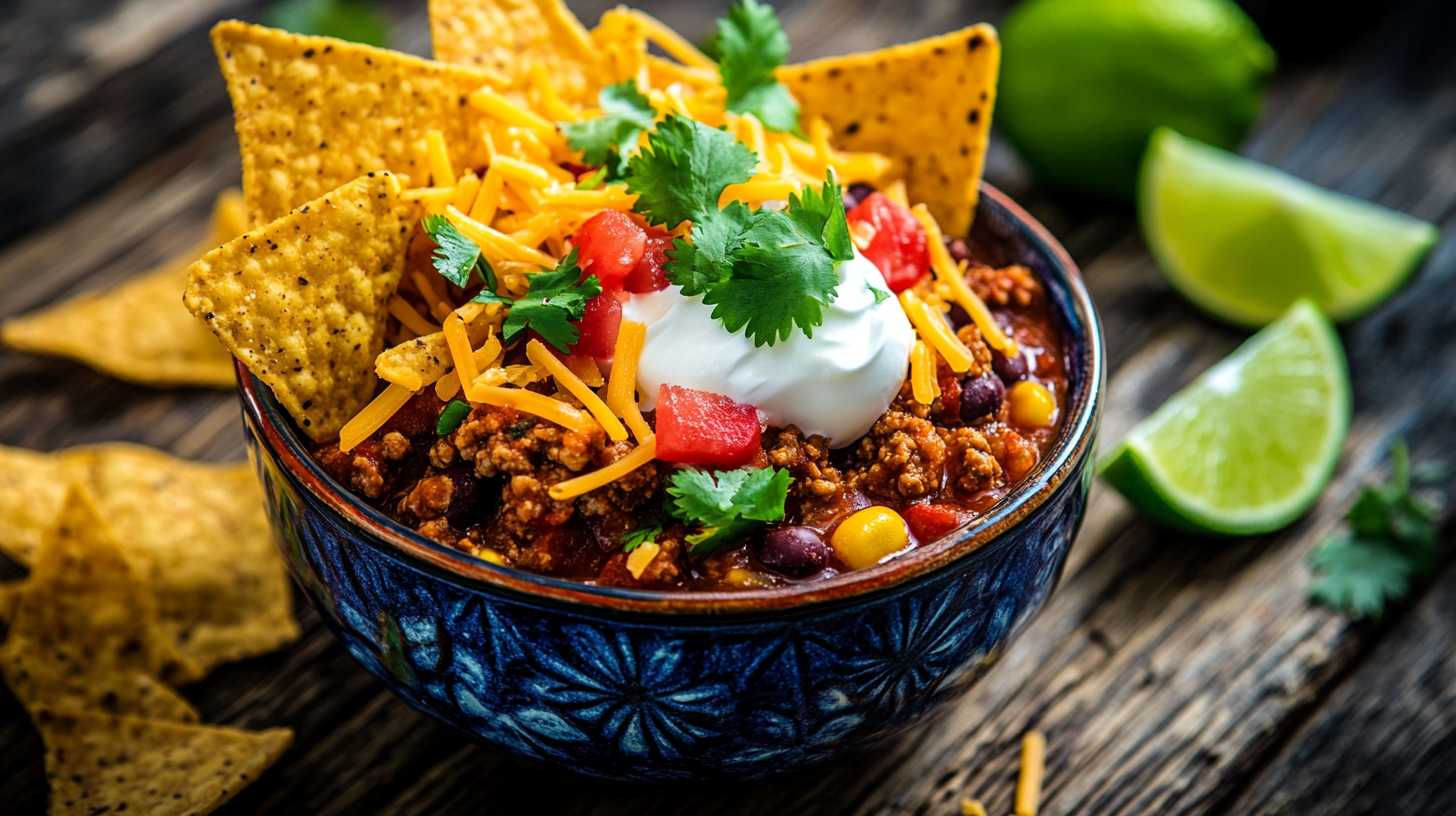 A bowl of Taco Soup Frios garnished with cheese, sour cream, and tortilla chips.