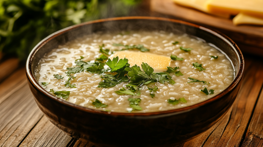A bowl of onion soup rice topped with parsley and cheese.