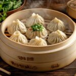 Steaming bamboo steamer with vegetarian soup dumplings.