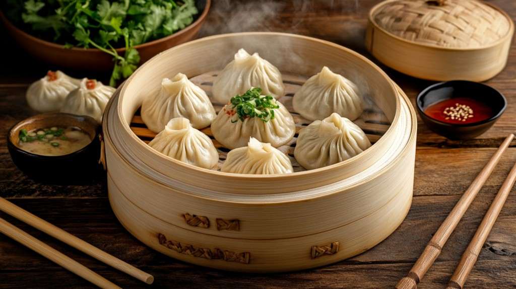 Steaming bamboo steamer with vegetarian soup dumplings.