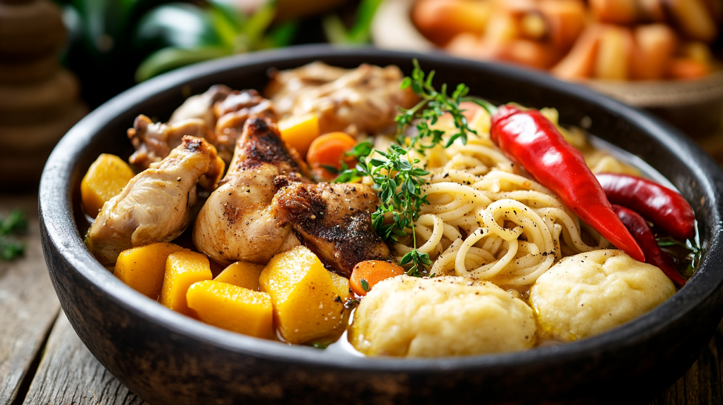 A bowl of Jamaican chicken noodle soup with vibrant ingredients.