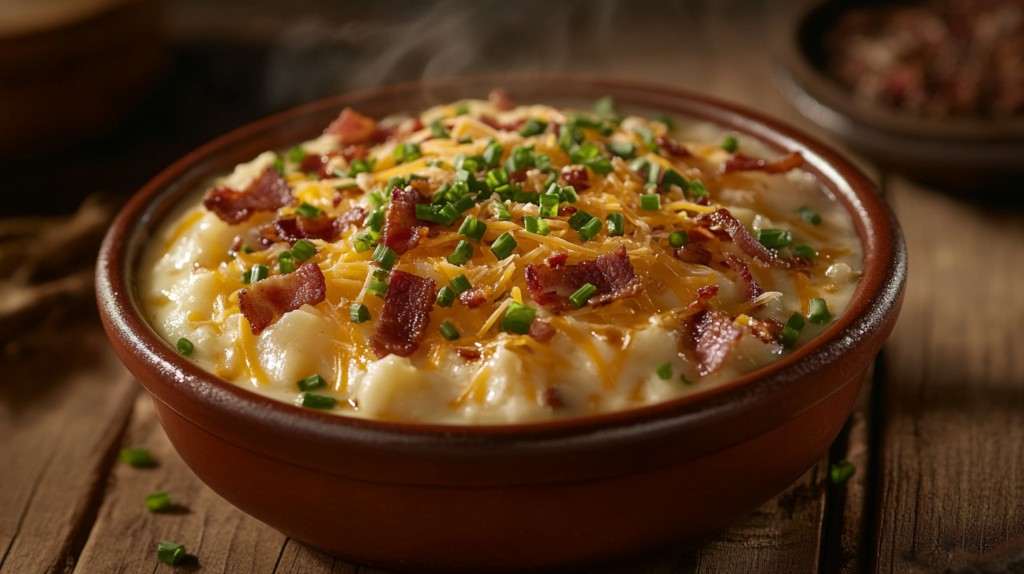 Bowl of baked potato soup topped with cheese, bacon, and chives.