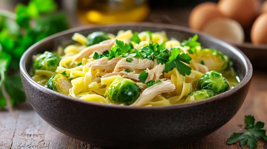 A bowl of brussel sprouts chicken noodle soup on a wooden table.