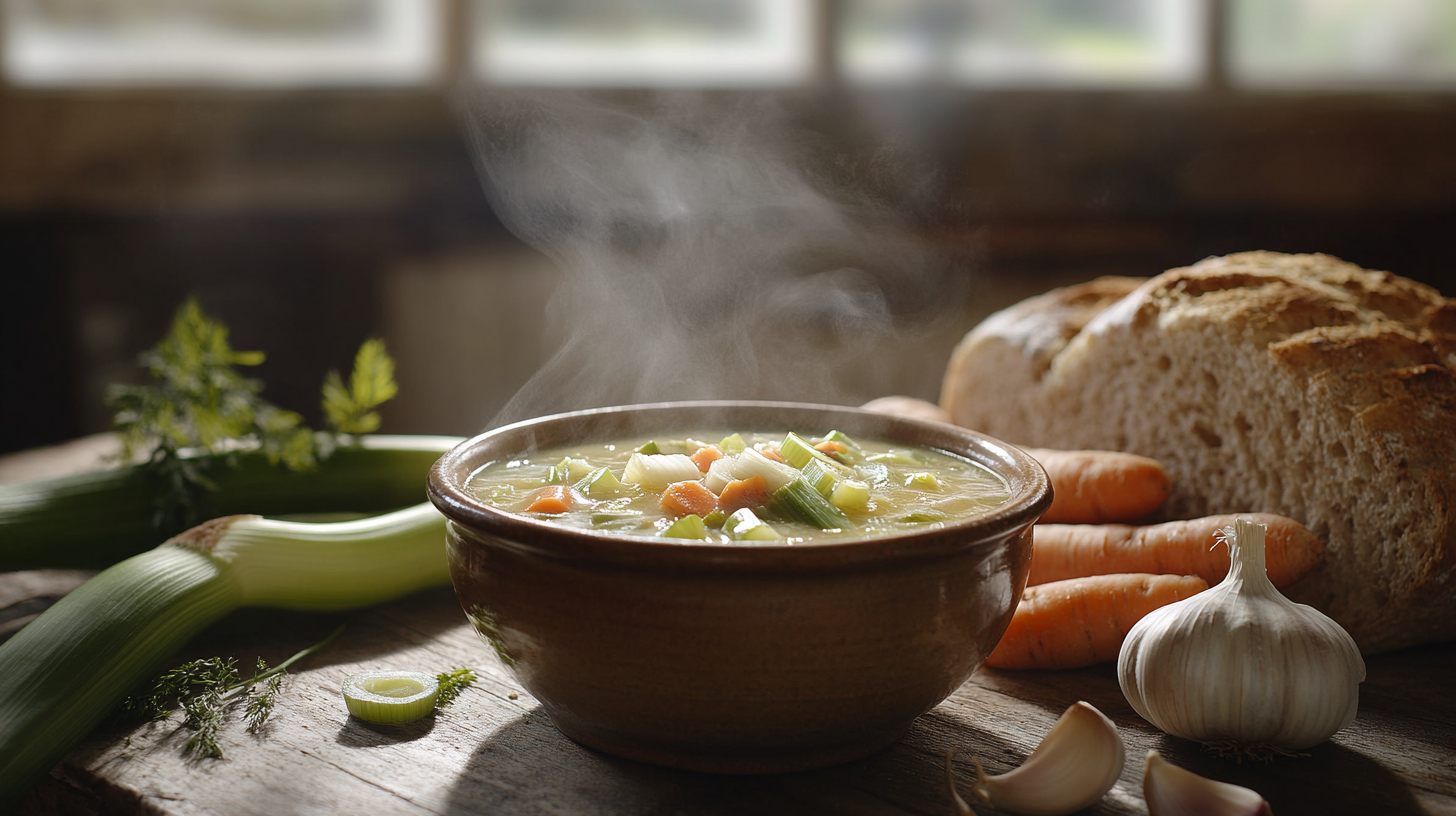 A bowl of chicken leek soup with fresh ingredients around it.