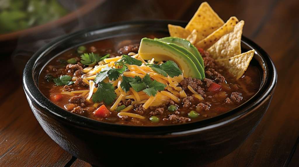 Bowl of chipotle ground beef soup with garnishes and tortilla chips.