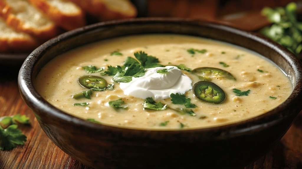Cream of jalapeno soup garnished with cilantro and sour cream.
