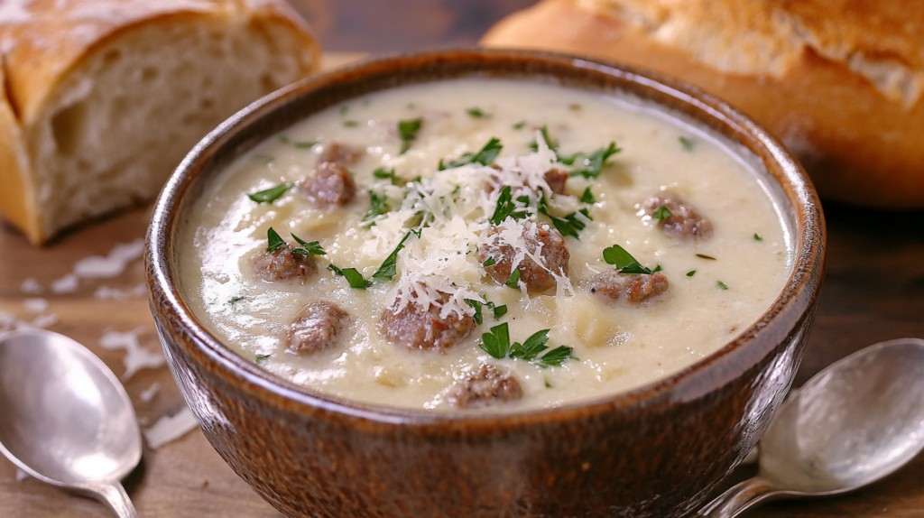 Creamy parmesan Italian sausage soup served in a bowl with garnishes.