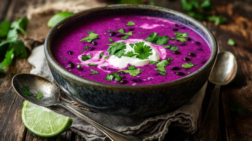 A bowl of vibrant purple black bean soup garnished with cilantro and lime.