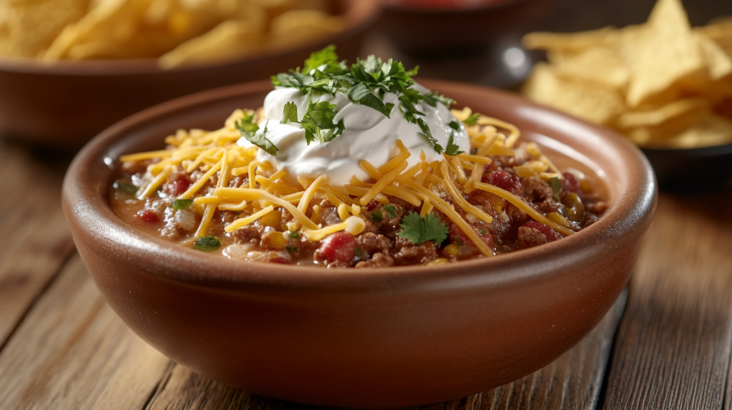 A bowl of 5-ingredient taco soup with toppings and tortilla chips.