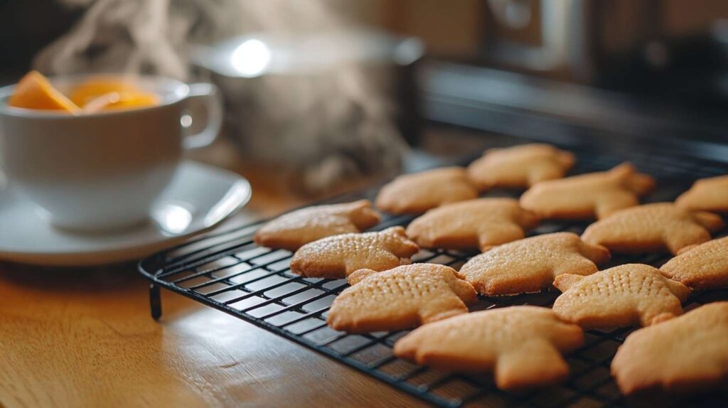 Freshly baked fish-shaped cookies cooling on a wire rack