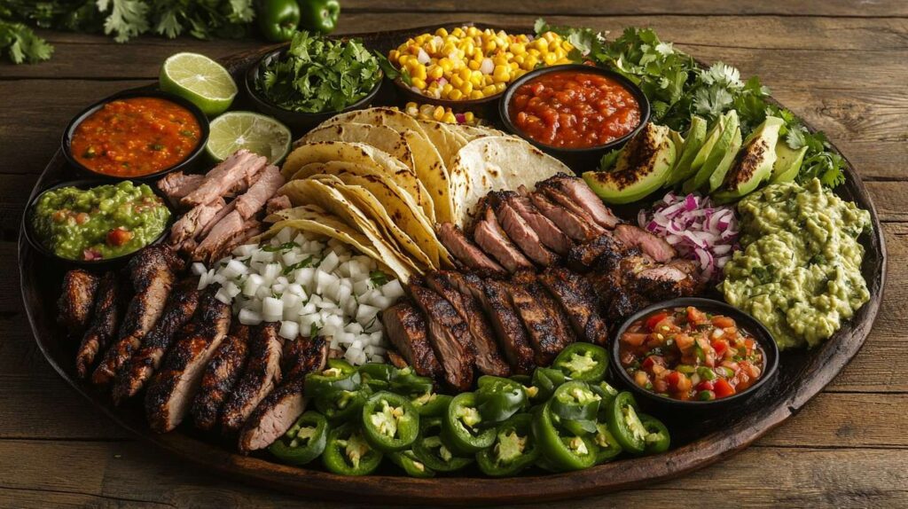 A vibrant taco platter with assorted meats, tortillas, toppings, and salsas.