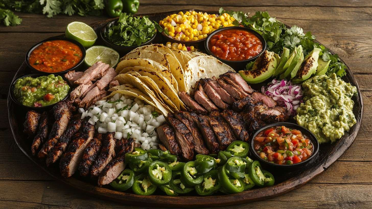 A vibrant taco platter with assorted meats, tortillas, toppings, and salsas.