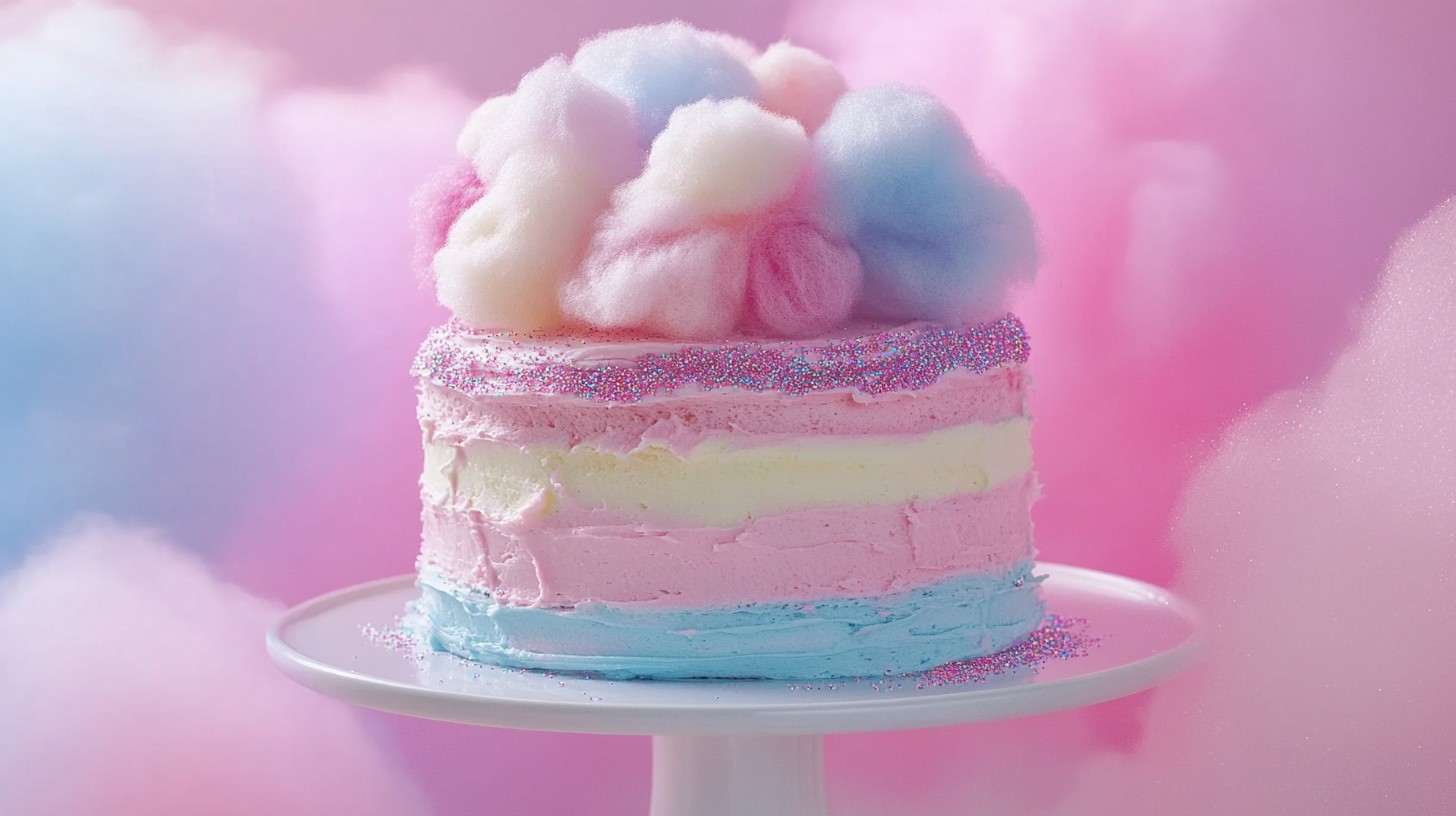 A dreamy cotton candy cake with pastel swirls and fluffy cotton candy topping.