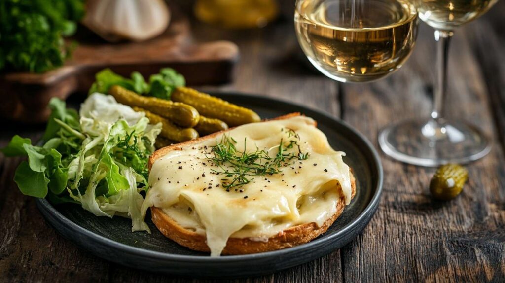 Raclette sandwich served with wine and salad