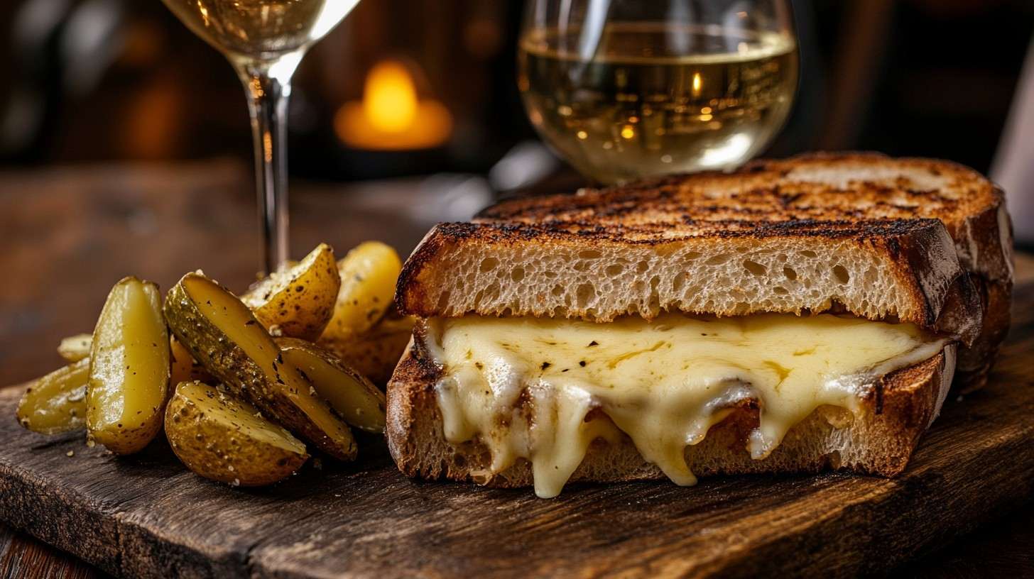 A delicious raclette sandwich with melted cheese and crispy bread.