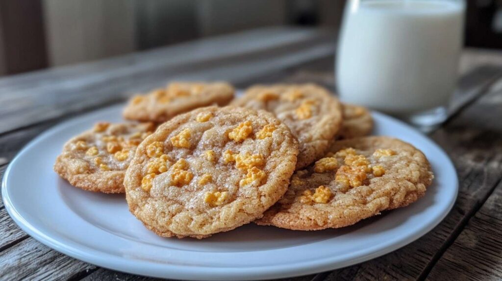Cinnamon Toast Crunch Cookies stacked on a plate with a glass of milk.