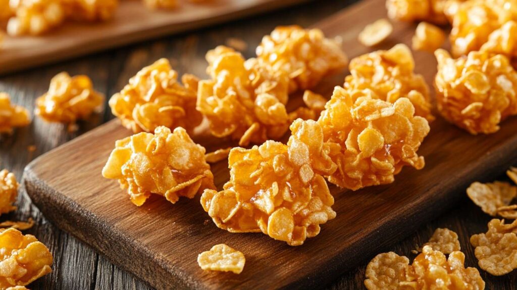 A batch of homemade cornflake candy with a caramelized, crunchy texture.