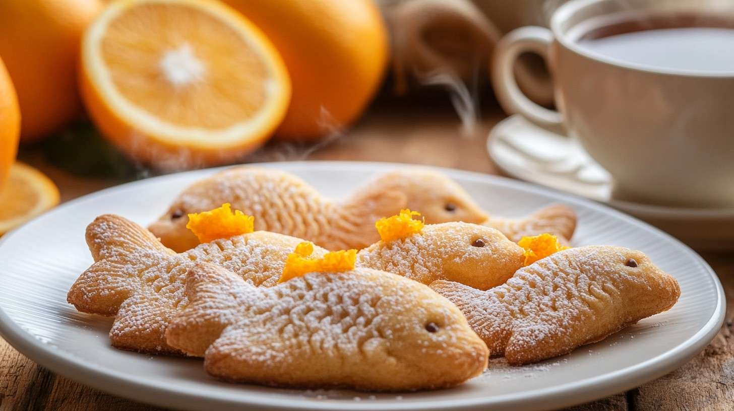 Golden orange fish-shaped cookies on a white plate, garnished with orange zest.