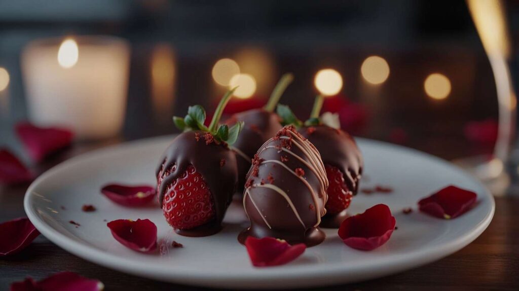 Chocolate-covered strawberries arranged on a plate with rose petals.