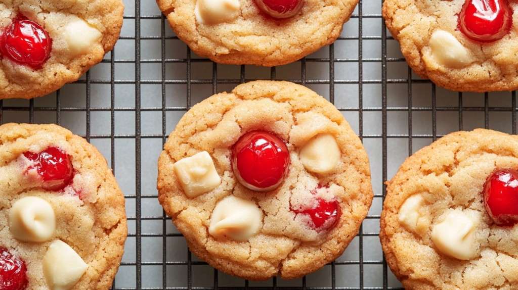 Freshly baked cherry cookies with white chocolate chips on a cooling rack.