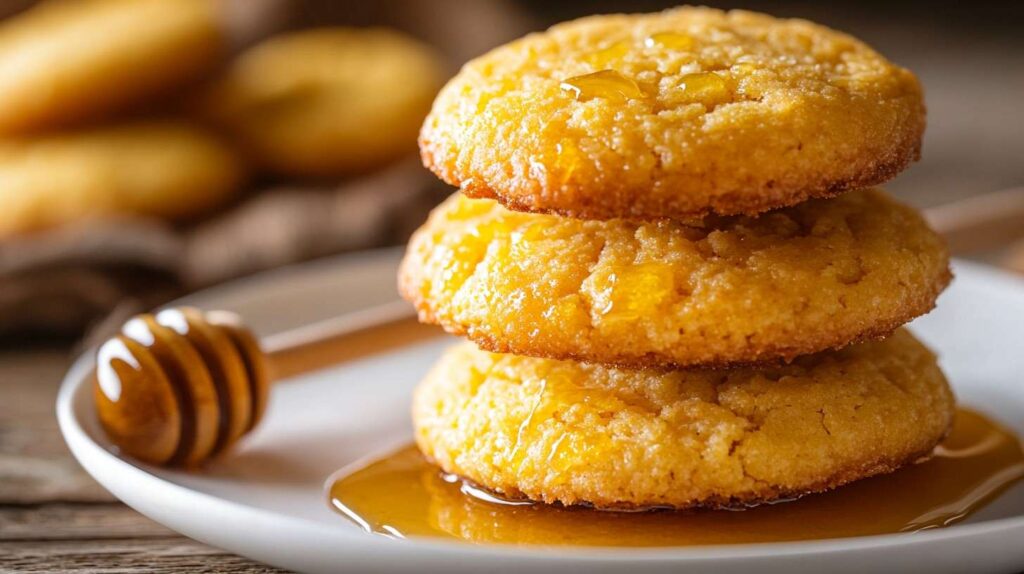 A stack of golden honey butter cornbread cookies with a drizzle of honey on top.