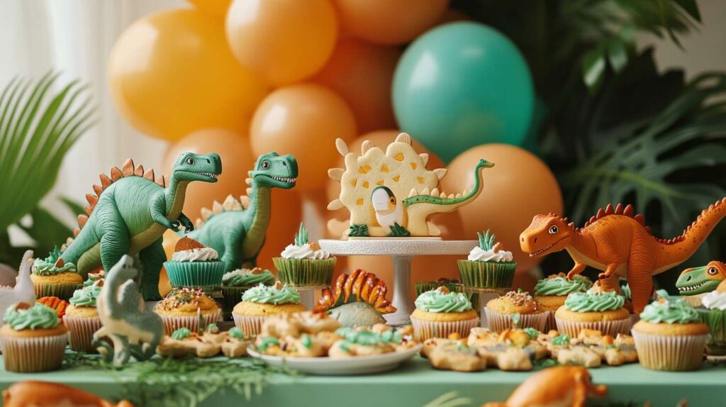  A dinosaur-themed party table with decorated cookies and treats.