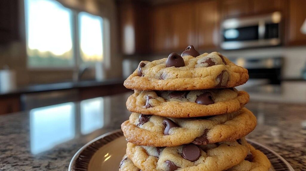 A plate of freshly baked Crisco chocolate chip cookies with melted chocolate chips.