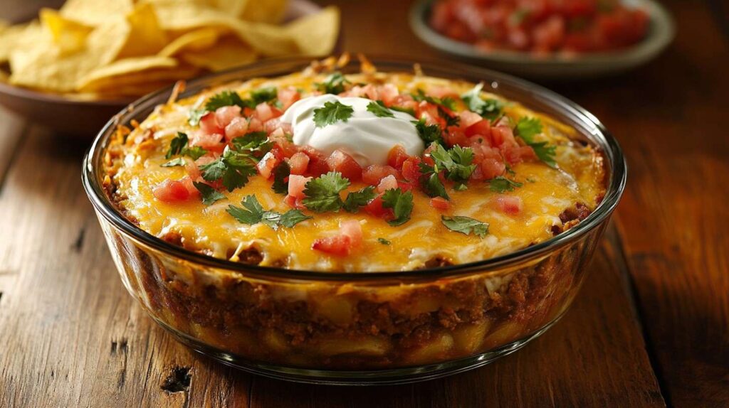 A delicious taco potato casserole topped with melted cheese, cilantro, and sour cream.