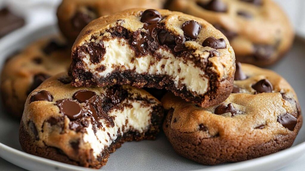 A close-up of a chocolate chip cheesecake cookie with a gooey center.