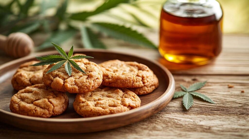 Freshly baked maple weed cookies on a wooden tray.
