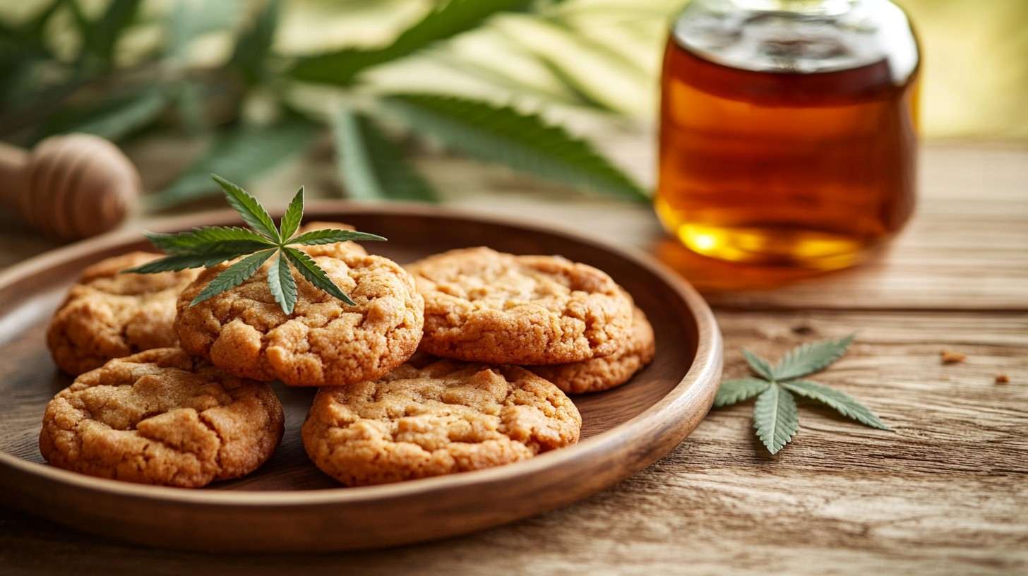 Freshly baked maple weed cookies on a wooden tray.