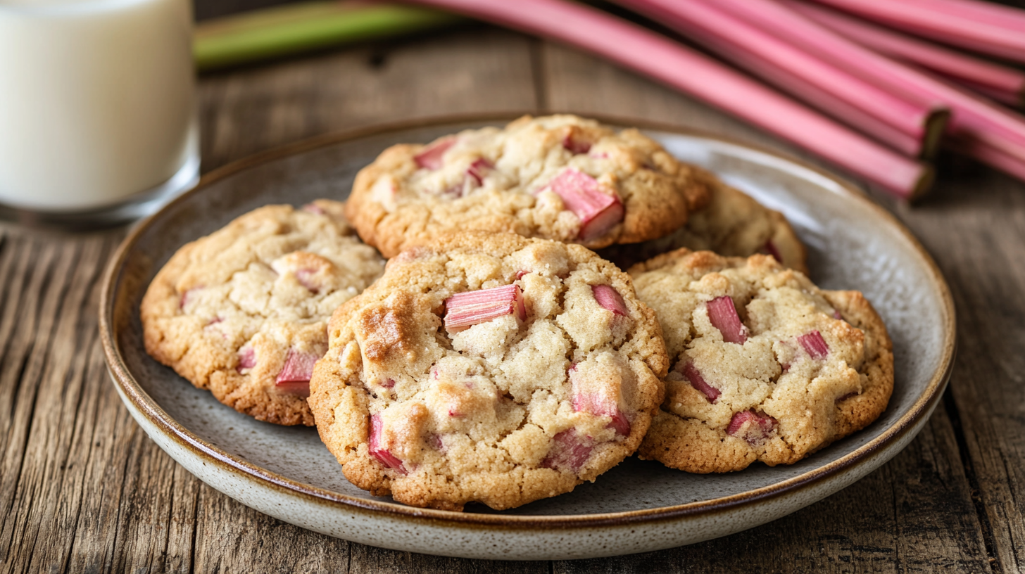 A plate of freshly baked rhubarb cookies with a glass of milk.