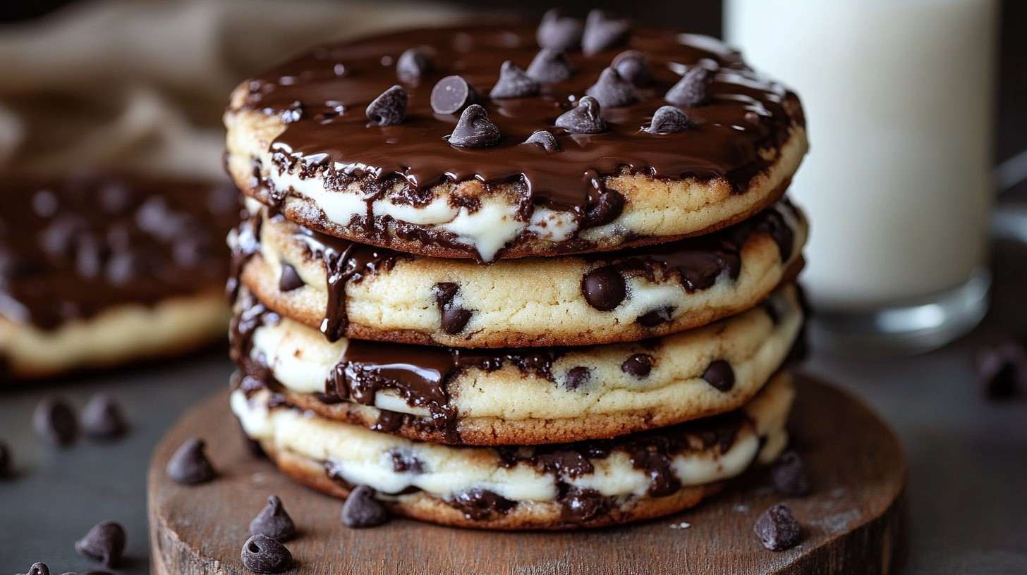 Stack of chocolate chip cheesecake cookies with gooey chocolate chips.