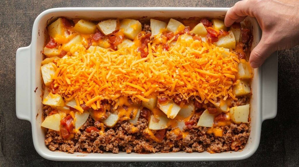 Layers of potatoes, taco-seasoned beef, and cheese in a baking dish.