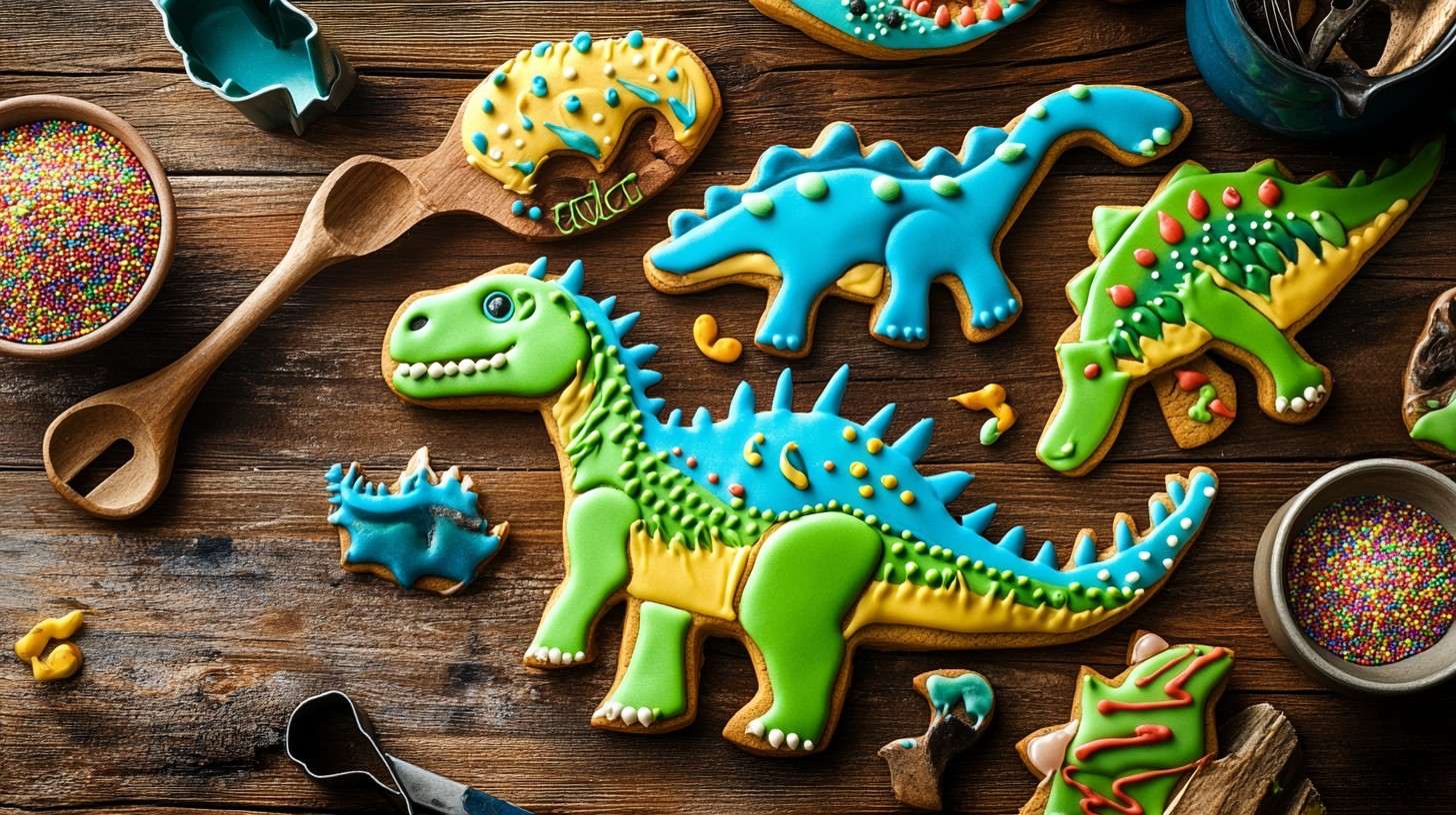 A variety of decorated dinosaur cookies on a wooden surface with baking tools.