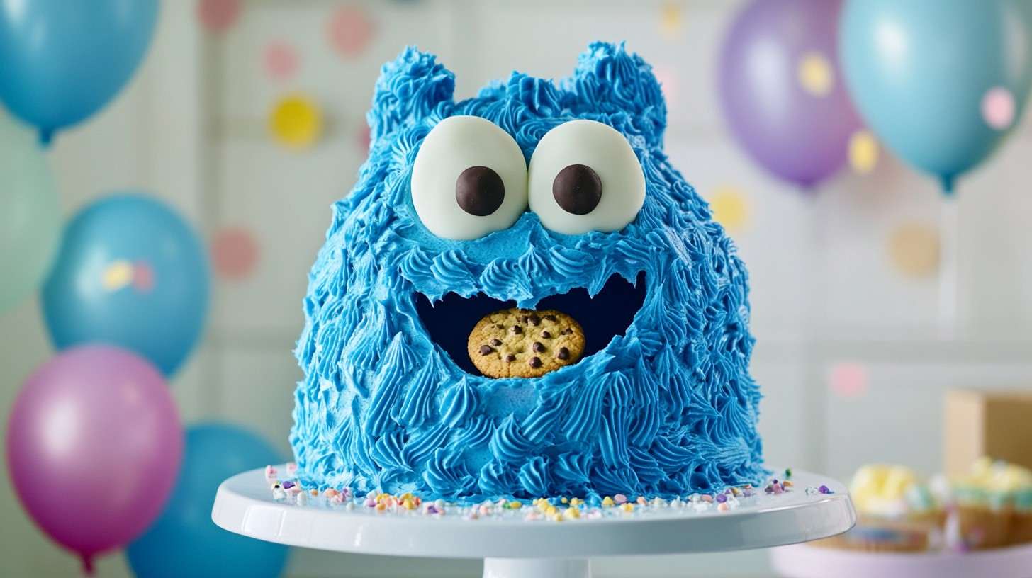 A Cookie Monster cake with blue frosting and cookies.