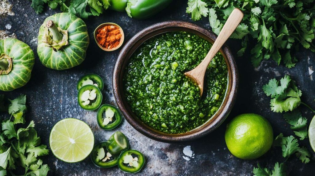 A bowl of homemade green taco sauce with fresh ingredients around it.