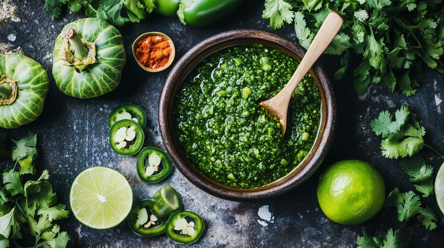 A bowl of homemade green taco sauce with fresh ingredients around it.