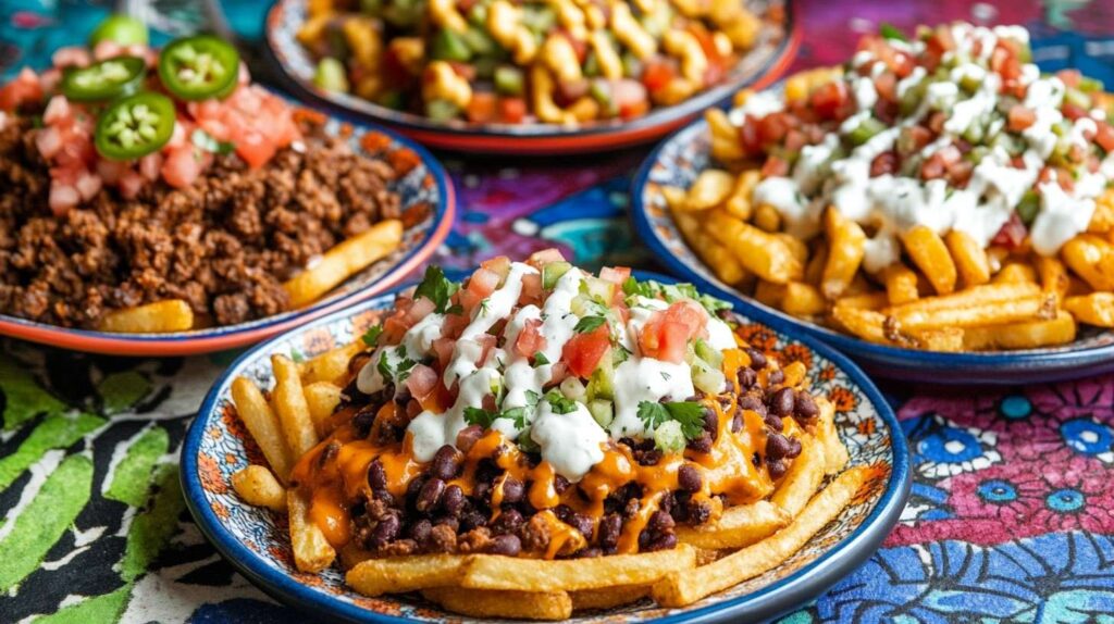 Fresh taco toppings in bowls—cheese, tomatoes, black beans, corn, and guacamole.