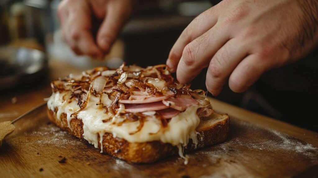 Assembling a raclette sandwich with ham and cheese.