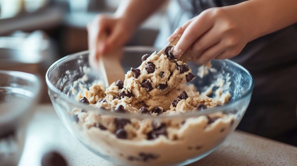 Mixing chocolate chip cookie dough in a bowl.