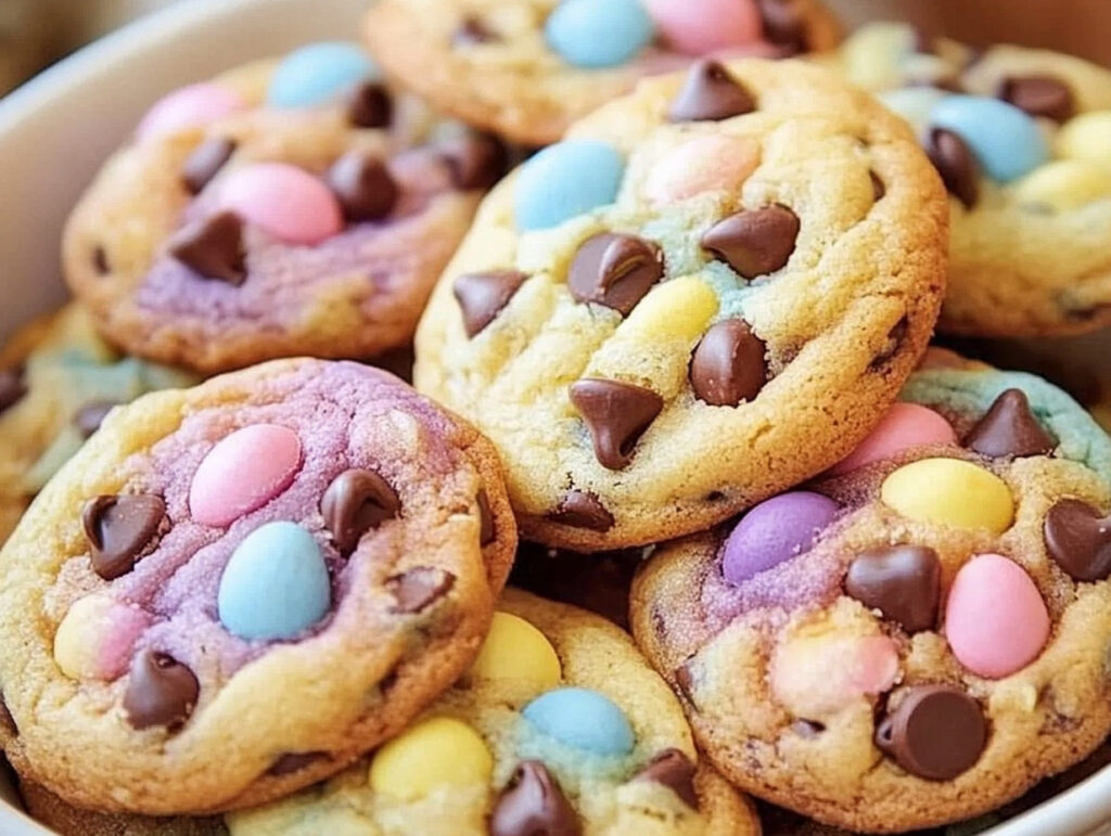 A plate of freshly baked Easter chocolate chip cookies with pastel-colored candies